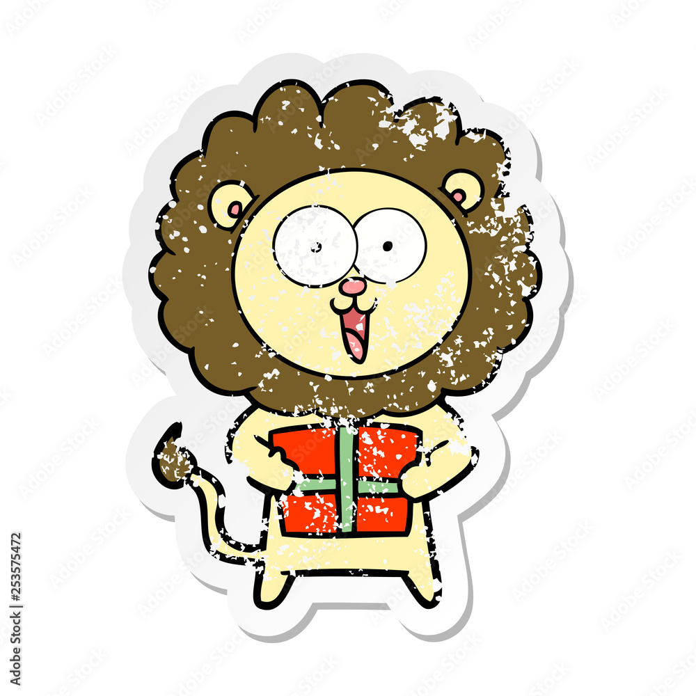 Obraz premium distressed sticker of a happy cartoon lion