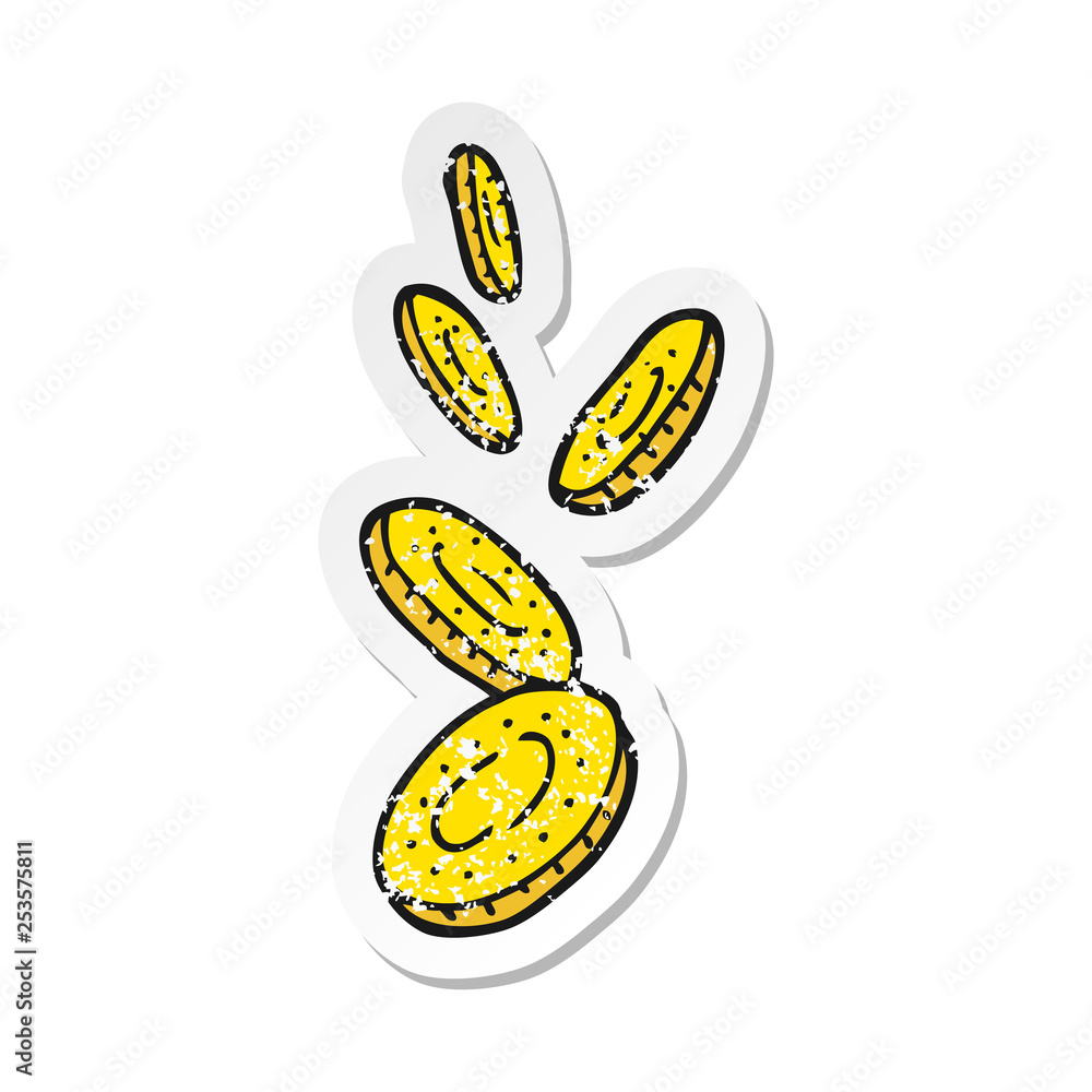 retro distressed sticker of a cartoon coins retro distressed sticker of a cartoon coins