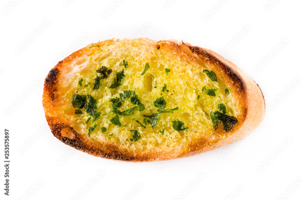 Garlic bread slice isolated on white background. Top view