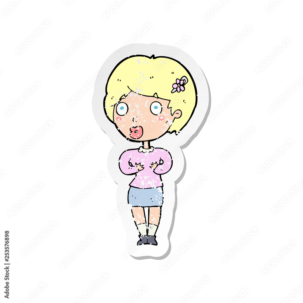 retro distressed sticker of a cartoon surprised woman retro distressed sticker of a cartoon surprised woman