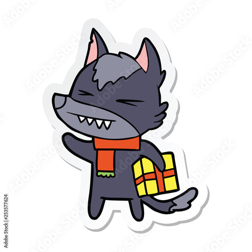 sticker of a angry christmas wolf cartoon