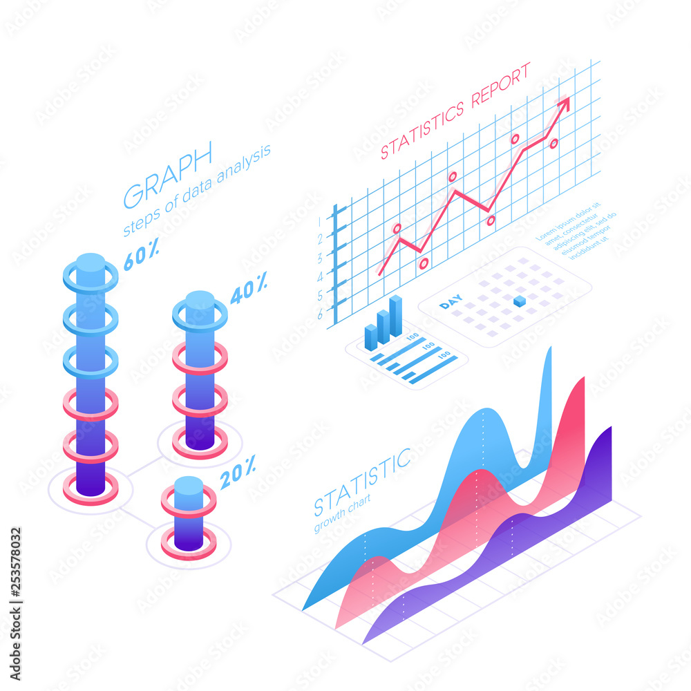 Isometric infographic elements with charts, statistics, data visualization, analysis, report, bar diagrams, graphs in flat 3D design isolated on white background Isometric infographic elements with charts, statistics, data visualization, analysis, report, bar diagrams, graphs in flat 3D design isolated on white background