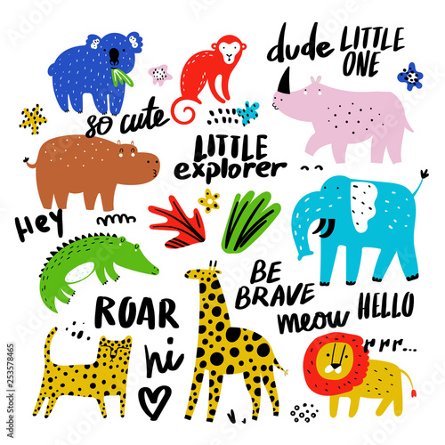 Photography Vector set of children's drawings - exotic animals, plants and lettering