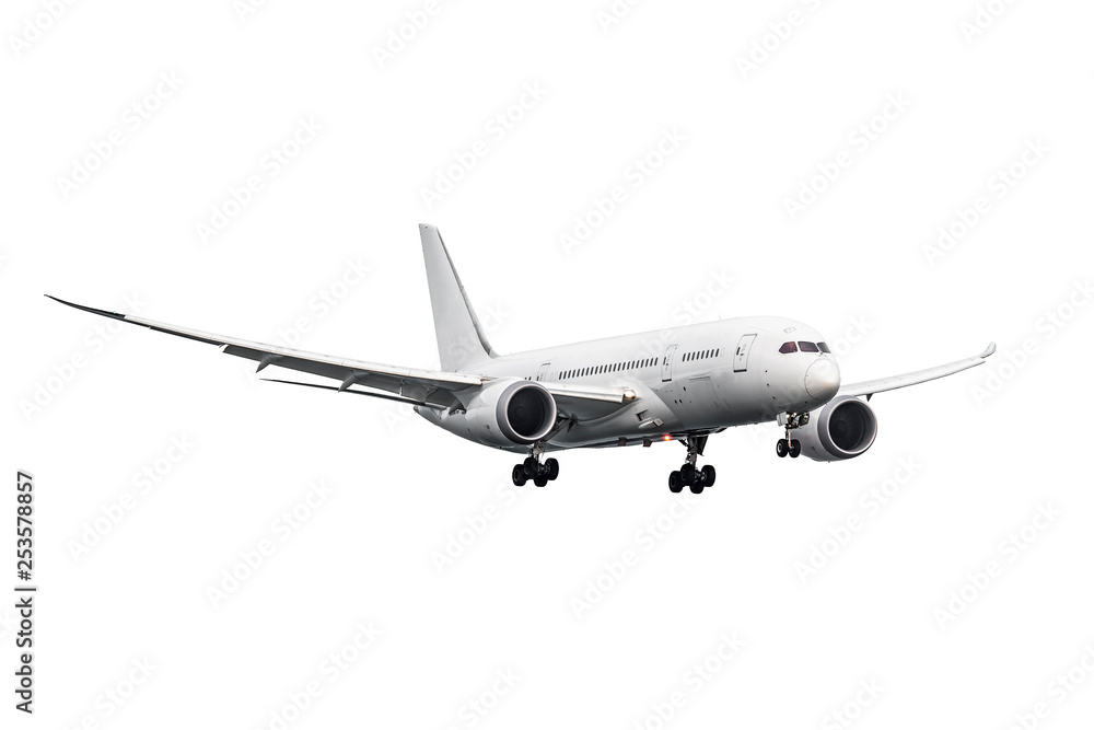 Modern jet airplane with body isolated prepare for landing Modern jet airplane with body isolated prepare for landing