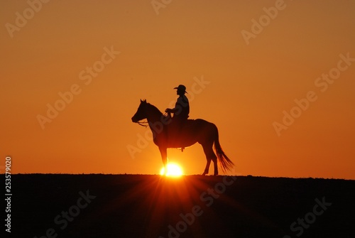 Cowboy riding horse in the sunset