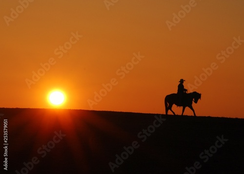 Cowboy riding horse in the sunset