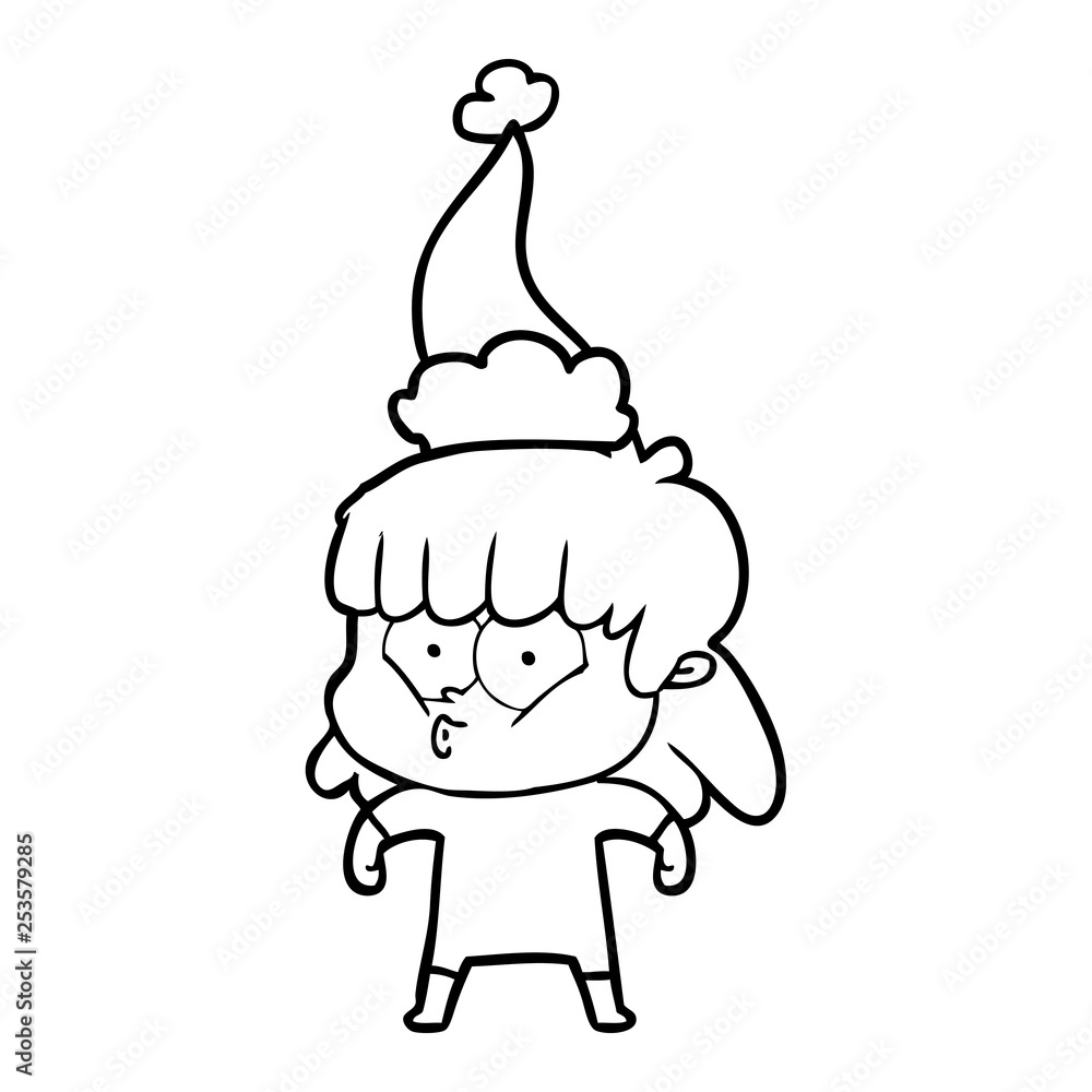 Fototapeta premium line drawing of a whistling girl wearing santa hat