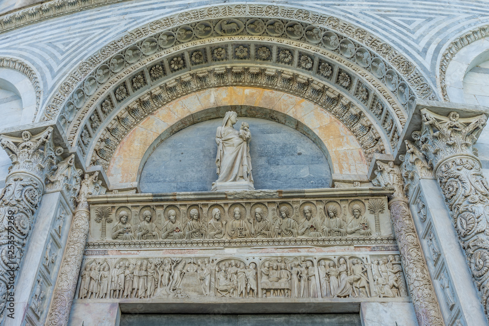 Pisa Baptistery Battistero di Pisa on Piazza del Miracoli Duomo square,Camposanto cemetery, leaning tower of pisa in Tuscany, Italy