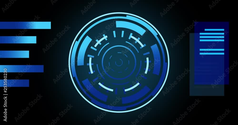 HUD circle interface spin around with blue data graphic on black screen HUD circle interface spin around with blue data graphic on black screen