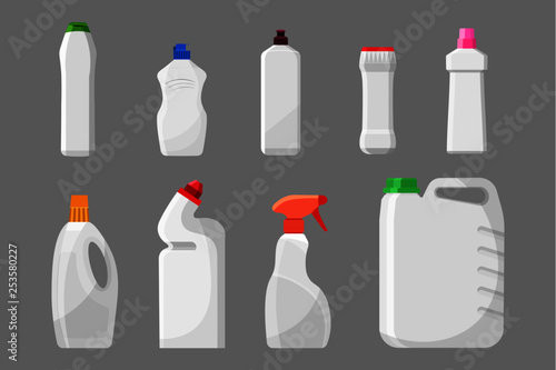 Set of detergent bottles or containers  cleaning supplies  washing powder icon. Vector illustration isolated on grey background. 