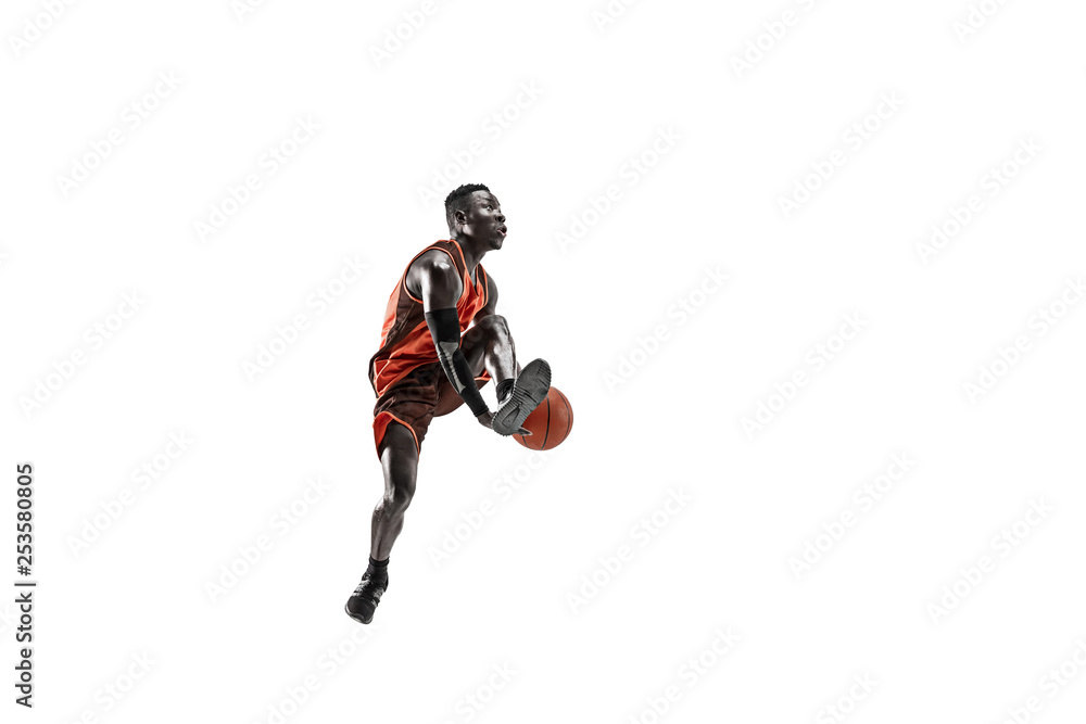 Full length portrait of a basketball player with a ball isolated on white studio background. advertising concept. Fit african anerican athlete jumping with ball. Motion, activity, movement concepts.