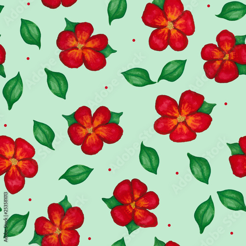 Red flowers blossom drawing  seamless pattern on green background with dots