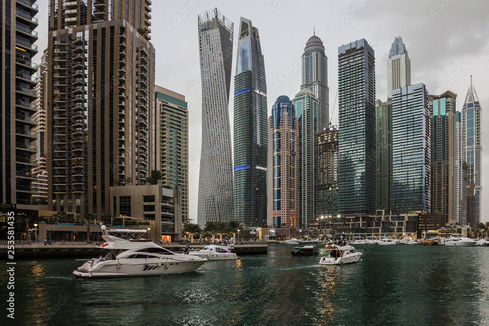 Dubai, UAE: Dubai Marina modern skyscrapers architecture.