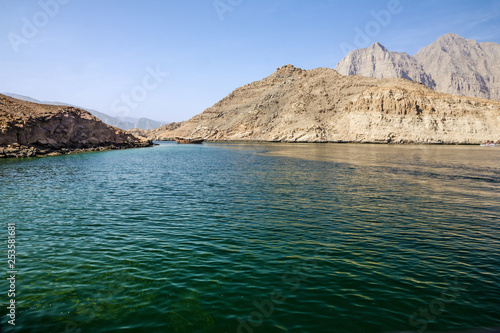Dhow boat fiords sea view, Oman, Khasab. Musandam peninsula.