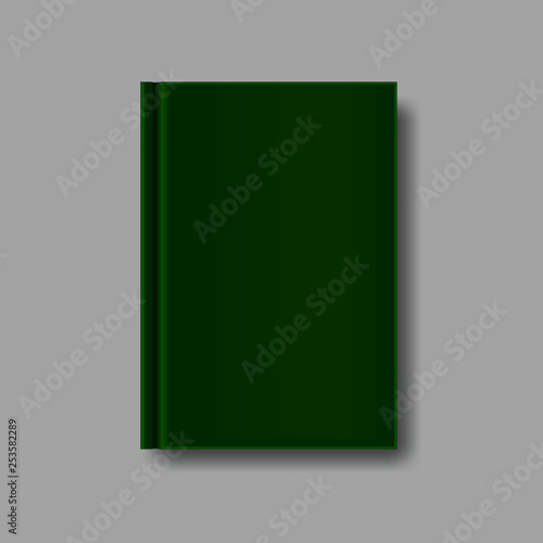 Free Download Vector mock up of green blank book cover isolated on grey background. Realistic closed vertical book, magazine or notebook template for your design. In front side of book. - GFXLoad