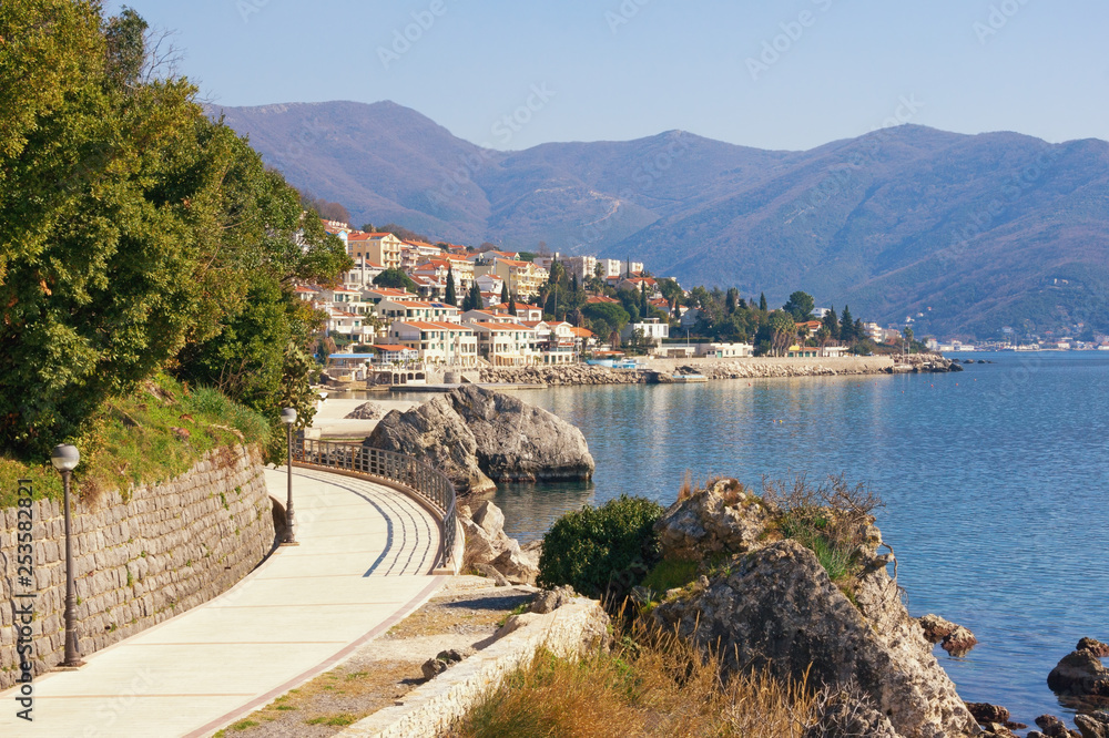 Beautiful Mediterranean landscape. Montenegro. View of embankment of Herceg Novi town on sunny winter day