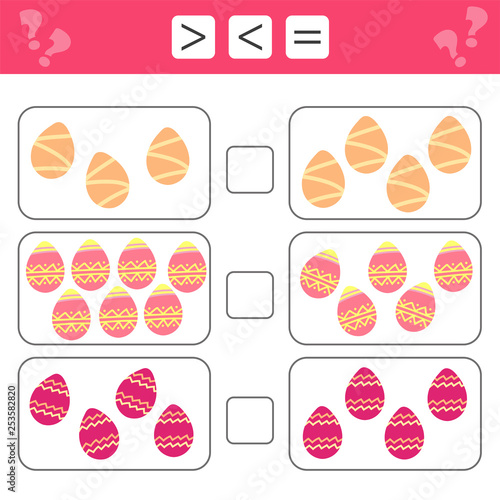 Mathematics educational game for children. Learning counting, mathematical equation, weights and algebra. Easter eggs. Choose more, less or equal