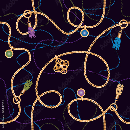 Seamless pattern with chains, pendant and tassels. Colorful trendy jewelry print for fabric, scarf, cravat design. Deep blue color. Vector