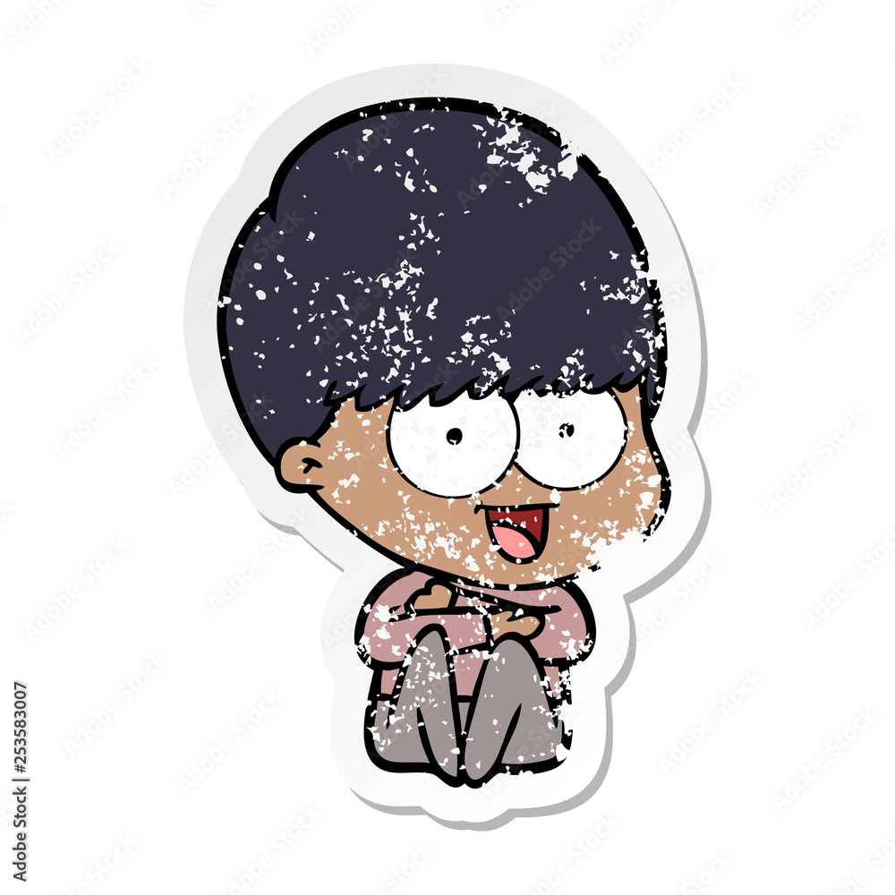 distressed sticker of a happy cartoon boy distressed sticker of a happy cartoon boy