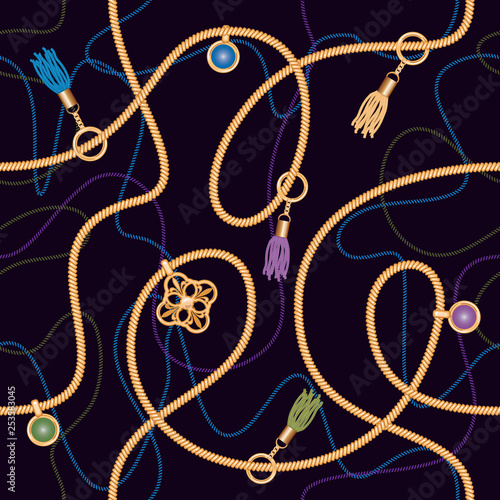 Seamless pattern with chains, pendant and tassels. Colorful trendy jewelry print for fabric, scarf, cravat design. Deep blue color. Vector