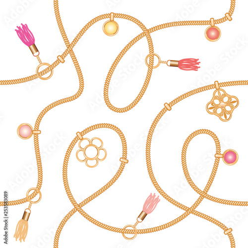 Seamless pattern with chains, pendant and tassels. Colorful trendy jewelry print for fabric, scarf, cravat design. Girly. Vector