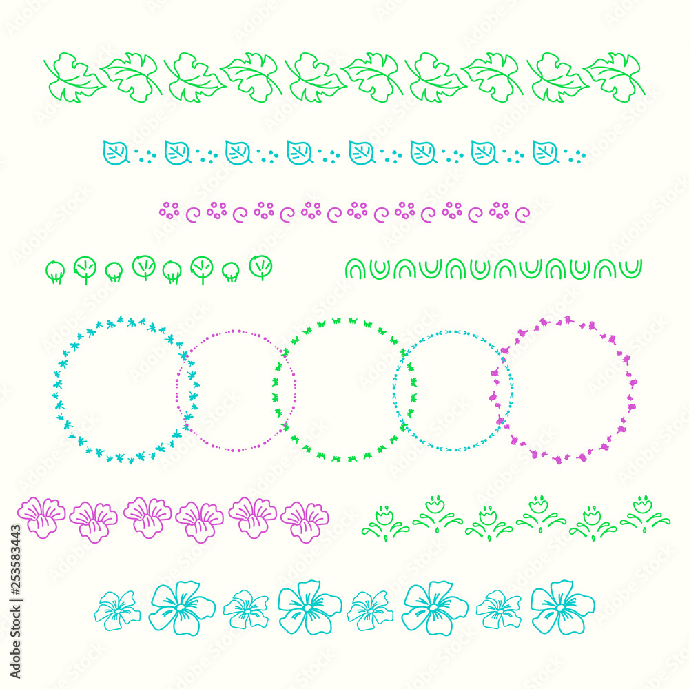 Collection of vector graphic borders\ and circle frames. Geometric and plant motifs Collection of vector graphic borders\ and circle frames. Geometric and plant motifs