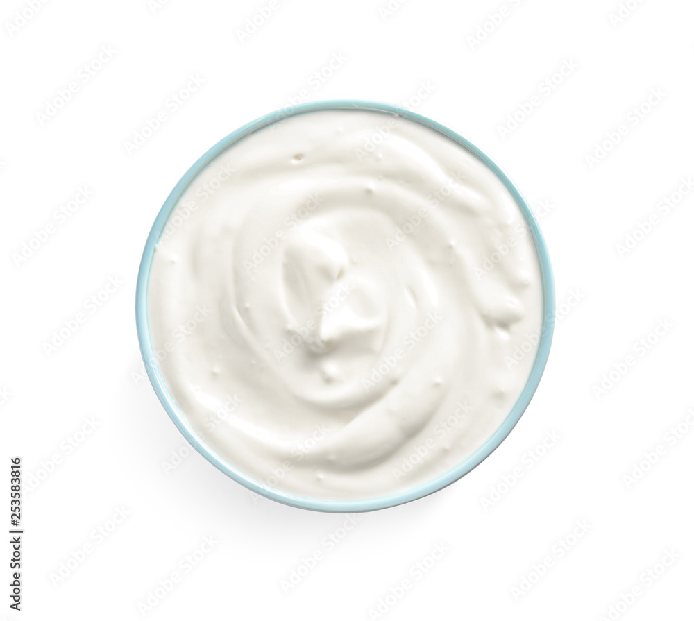 Bowl with creamy yogurt on white background, top view Bowl with creamy yogurt on white background, top view
