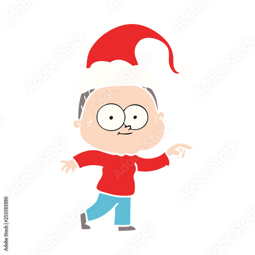 flat color illustration of a happy old woman wearing santa hat