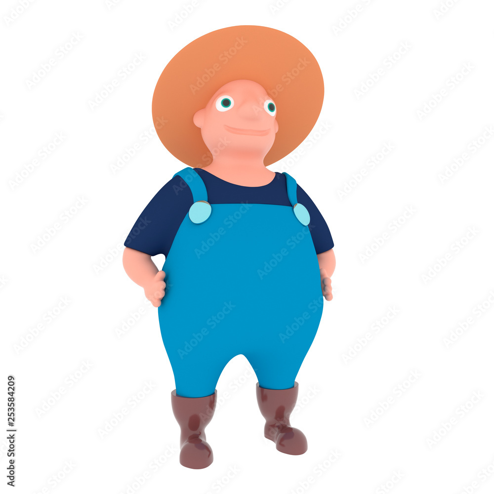 Funny character farmer isolated on white background. 3d rendering