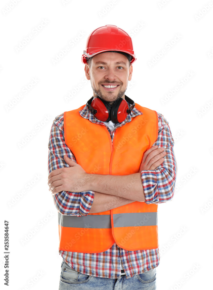 Male industrial engineer in uniform on white background. Safety equipment Male industrial engineer in uniform on white background. Safety equipment