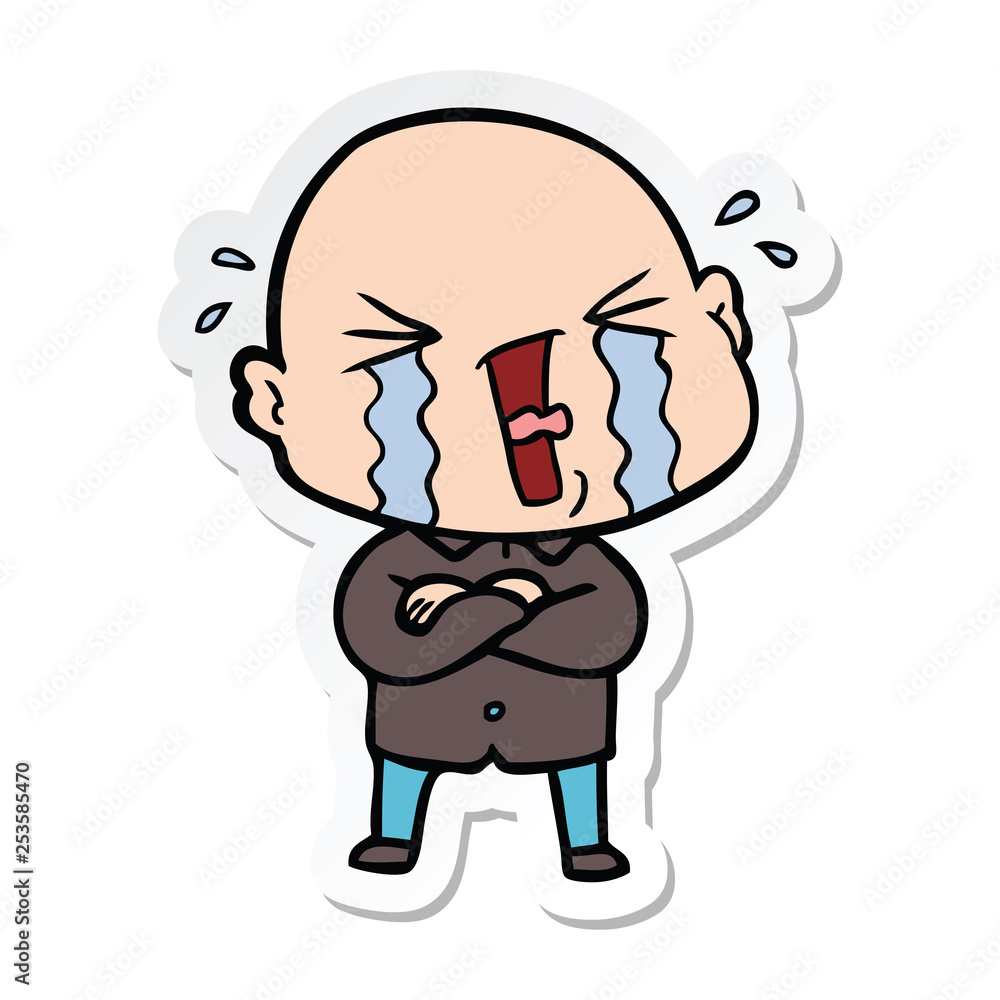 sticker of a cartoon crying bald man sticker of a cartoon crying bald man