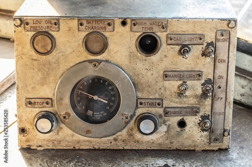 Control panel of the old control room in the diesel locomotive.