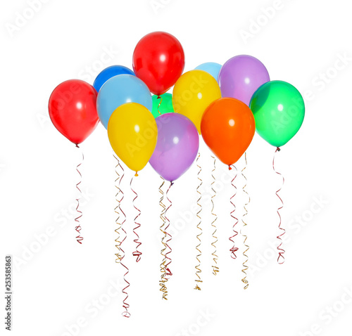 Many colorful balloons floating on white background