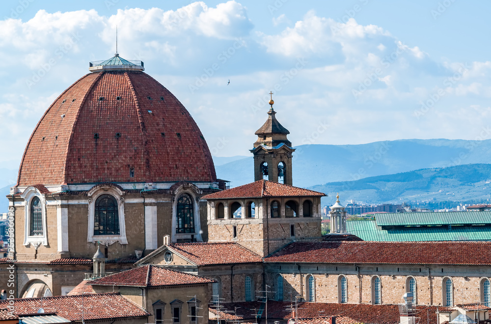 Aerial view of Medici Chapels dome and San Lorenzo architectural complex - Florence, Tuscany, Italy. Photo taken from the top of Campanile.