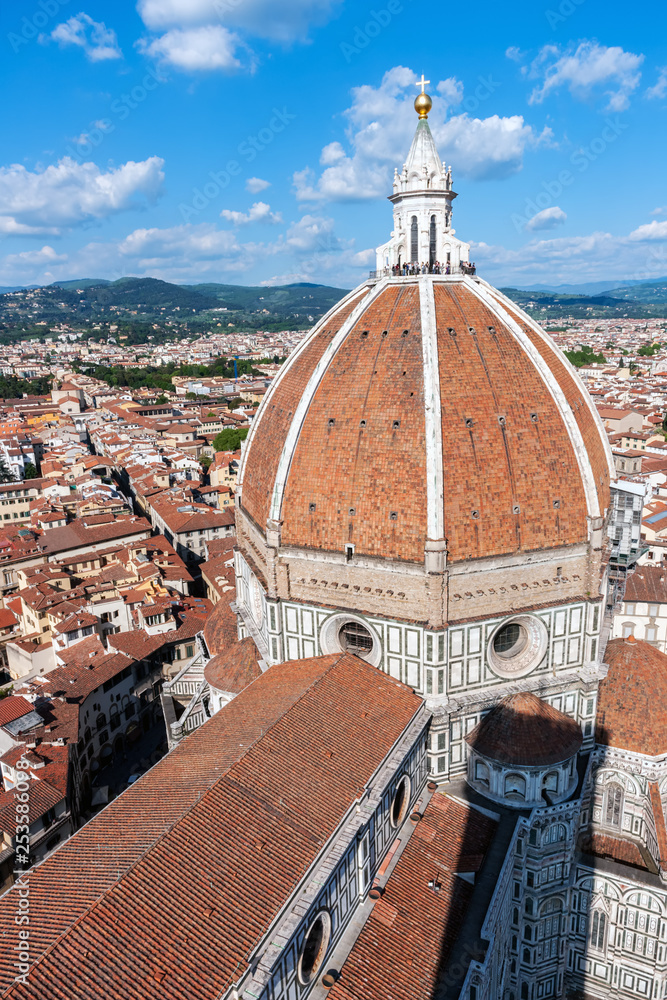Duomo Basilica di Santa Maria del Fiore - Florence, Tuscany, Italy. Aerial closeup taken from the top of Campanile.