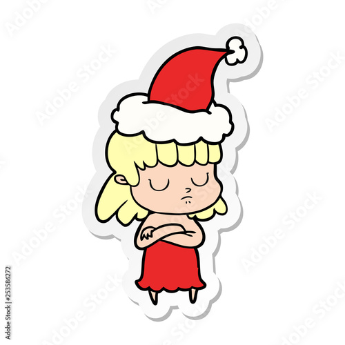 sticker cartoon of a indifferent woman wearing santa hat