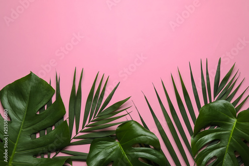 Flat lay composition with tropical leaves and space for text on color background