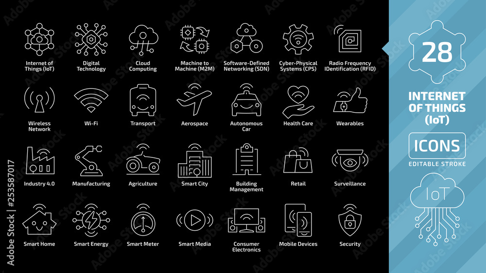 Vector editable stroke line internet of things icon set on a black ...