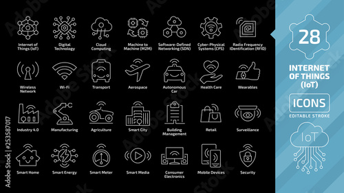 Vector editable stroke line internet of things icon set on a black background with wireless network and cloud computing digital IoT technology. Smart home, city, healthcare, business thin outline sign