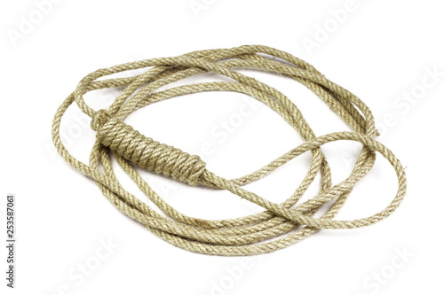  Gallows. Roll of a thin rope with a loop for hanging. Rope knotted in noose.