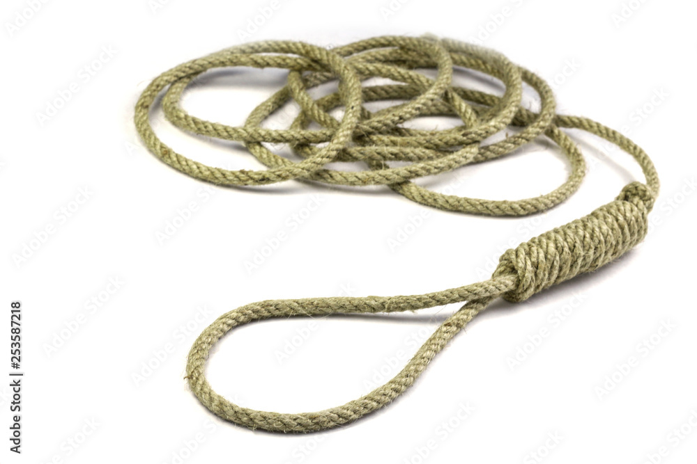 Gallows. Roll of a thin rope with a loop for hanging. Rope knotted in  noose. Stock Photo