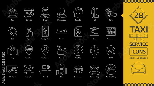 Vector taxi cab car service editable stroke line icon set on a black background with motor transport, driver, passenger on travel, people and city traffic thin outline symbol.