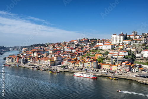 Looking across the Douro river to Riberia in Porto Portugal