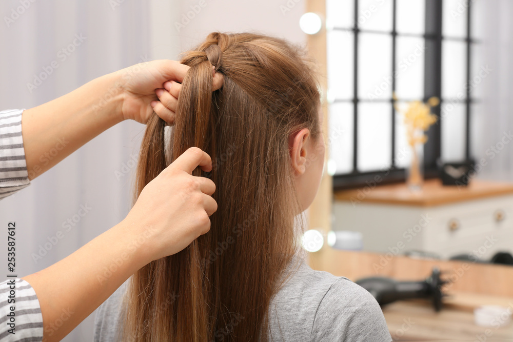 Fototapeta premium Professional coiffeuse braiding client's hair in salon