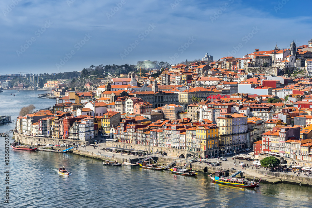 Looking across the Douro river to Riberia in Porto Portugal