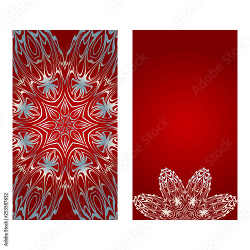 Floral Banners. Ethnic Mandala Ornament. Vector Illustration. For Greeting Card, Coloring Book, Invitation Print. Red, silver color