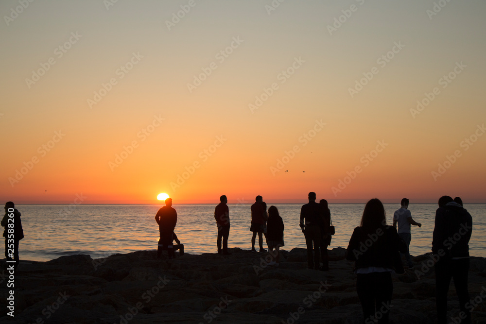 Silhouette of group of people watching the sunset on the sea Silhouette of group of people watching the sunset on the sea