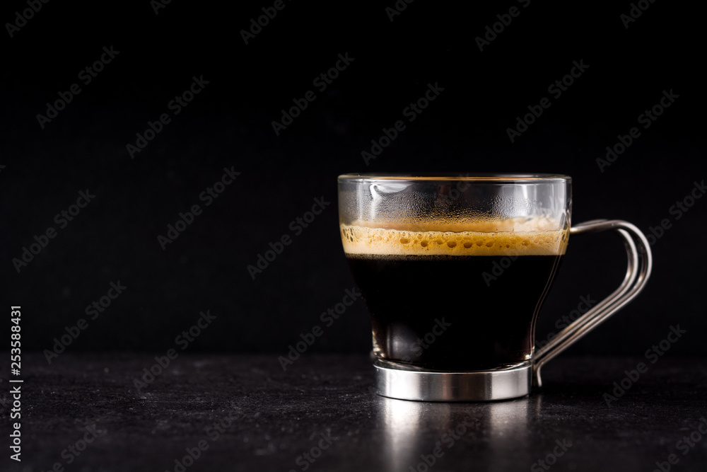 coffee glass and coffee grain on black background. Copyspace coffee glass and coffee grain on black background. Copyspace