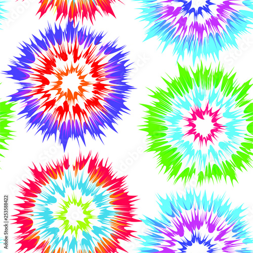 Tie Dye circle vector repeat pattern in bright colors on white background