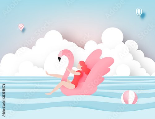 Girl floating on the beach with beautiful sea background paper cut style